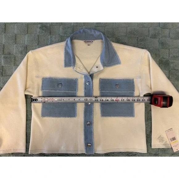 NWT Nanette Lepore Denim Dual Cardigan Jacket Ecru White Blue Womens Size Medium - Picture 11 of 12